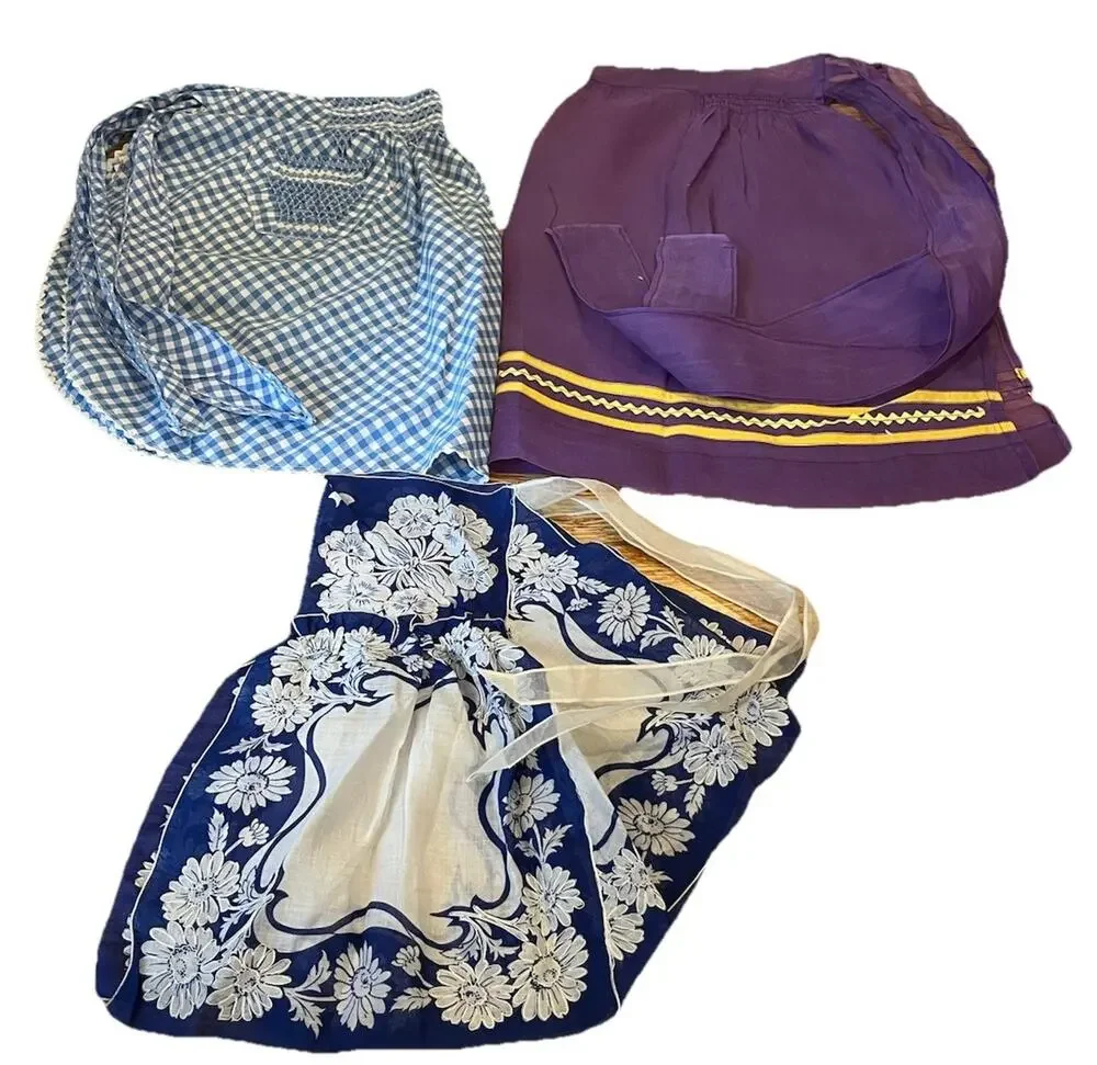Vintage Lot Of 3 Handmade Half Aprons Floral Hankies Gingham Semi Sheer